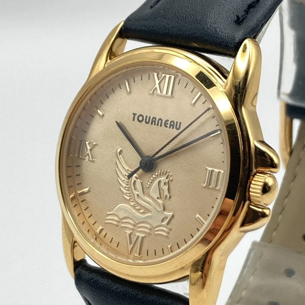 Tourneau Pegasus Watch Women 30mm Gold Tone Black Leather 30M New Battery 8.25